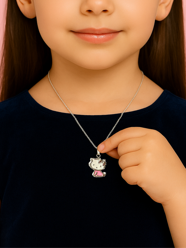 Model Wearing Cleo Kitty Enamel Pendant Necklace in 925 Sterling Silver Regular Metal One Size 2.6gms