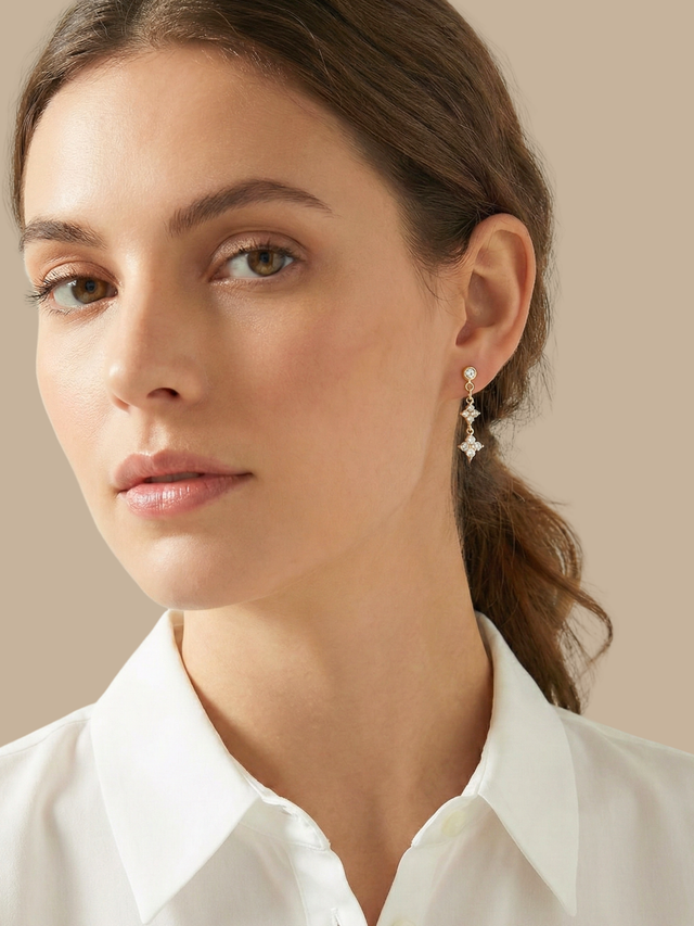 Model Wearing Irene Star Charm Dangle Earrings in 18K Gold Plated Sterling Silver Jewelry for Pierced Ears 18k 925 1.2gms
