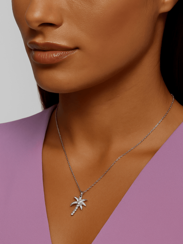 Model Wearing Palm Tree Pendant Necklace in 925 Sterling Silver Fixed Length Rhodium Plated Brass Chain Metal 17 inches 2.1gms
