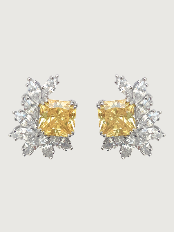 Front View of Celestia Stud Earrings in Rhodium Plating-Yellow Jewelry for Pierced Ears 925 Sterling Silver Metal 1.5 cm 6gms