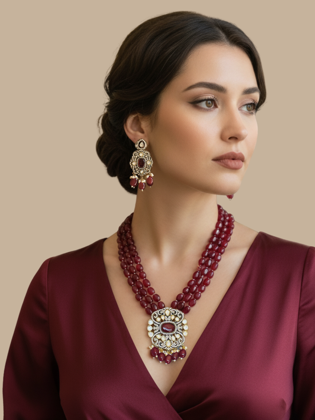 Model Wearing Rajasi Necklace Adjustable Length Gold Plated Brass One Size 196.5gms