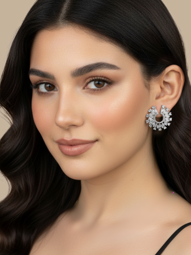 Alternate View of Model Wearing Herina Halo Stud Earrings Jewelry for Pierced Ears Rhodium Plated Brass Post / Pin & Push in 925 Sterling Silver Stamp Marked 3 cm 11.2gms