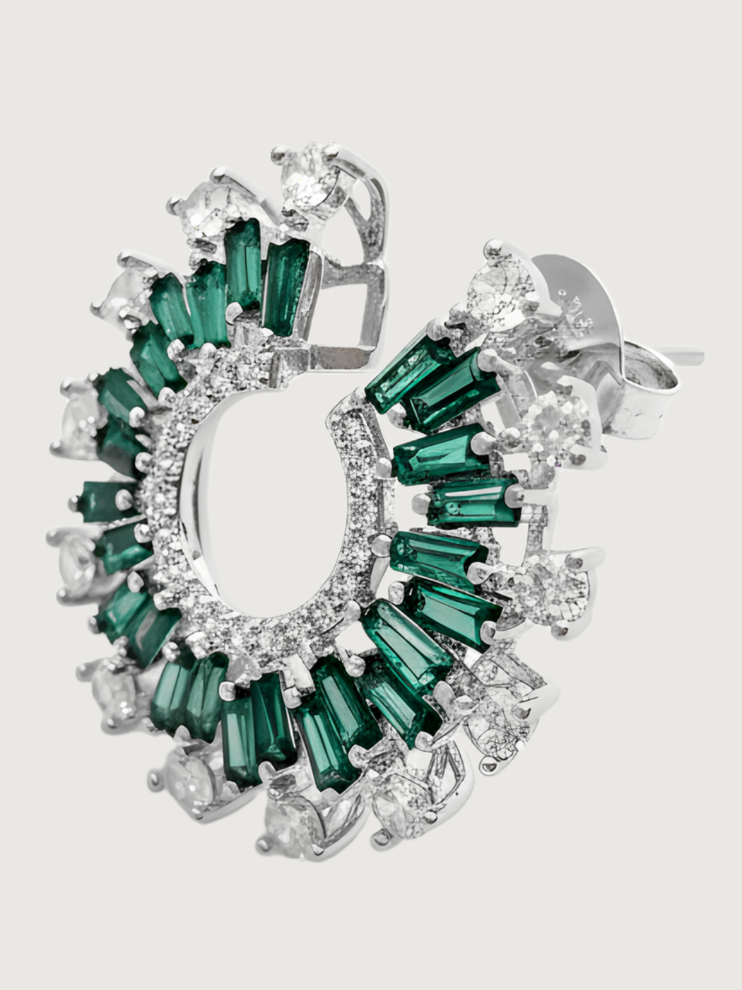 Closeup of Herina Halo Stud Earrings in Plated Metal-Green Jewelry for Pierced Ears Post / Pin & Push 925 Sterling Silver Stamp Marked Rhodium Brass 3 cm 10.7gms