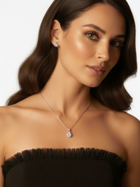Alternate View of Model Wearing Zia Drop Pendant Necklace & Stud Earring Set in Sterling Silver Fixed Length 925 Metal 16 inches 3gms