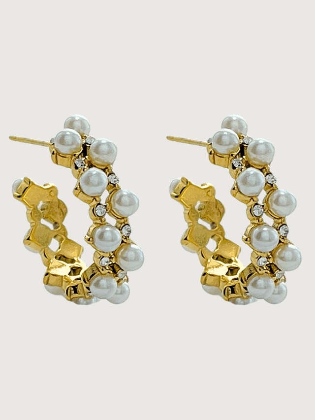 Front View of Reef Pearl Waterproof Hoop Earrings in 18K Gold Plated Metal Jewelry for Pierced Ears 18k Steel | Hypoallergenic Tarnish Resistant Sweat Water Stone Eco - Friendly One Size 6.1gms