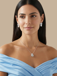 Alternate View of Model Wearing Blanca Pearl Earrings Jewelry for Pierced Ears Rhodium Plated Copper 925 Sterling Silver 2 cm 6.4gms