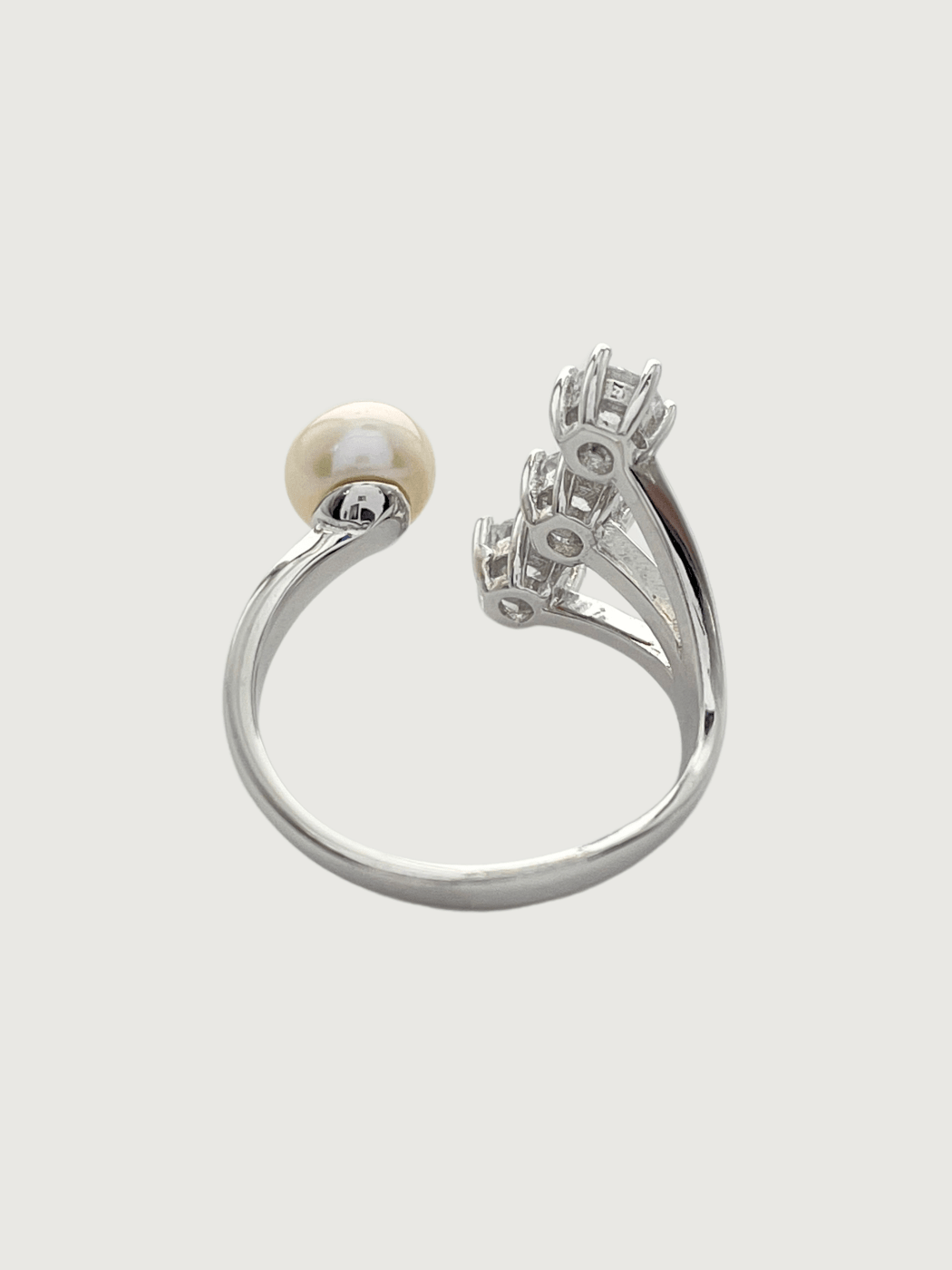 Rear View of Athena Pearl & CZ Adjustable Ring in Sterling Silver Open-Adjustable-Resizable 925 Metal Stone One Size 2.8gms