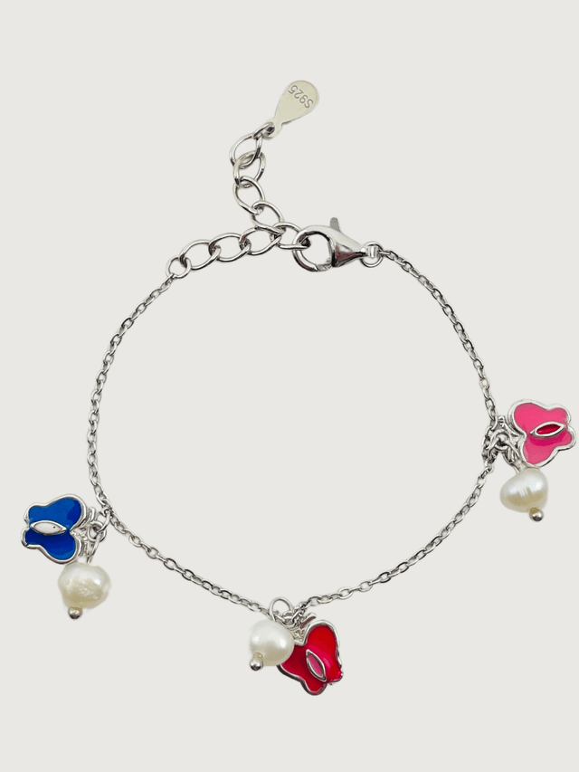 Front View of Little Princess Enamel Butterfly Charm Bracelet in Sterling Silver Adjustable Length 925 Metal Stone 11.5 cm 3.2gms