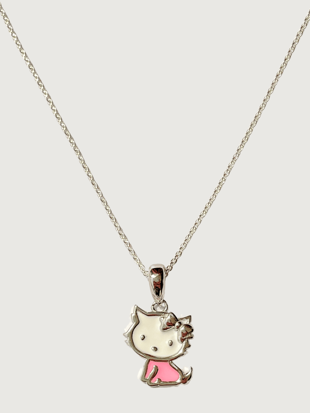 Front View of Cleo Kitty Enamel Pendant Necklace in 925 Sterling Silver Regular Metal One Size 2.6gms