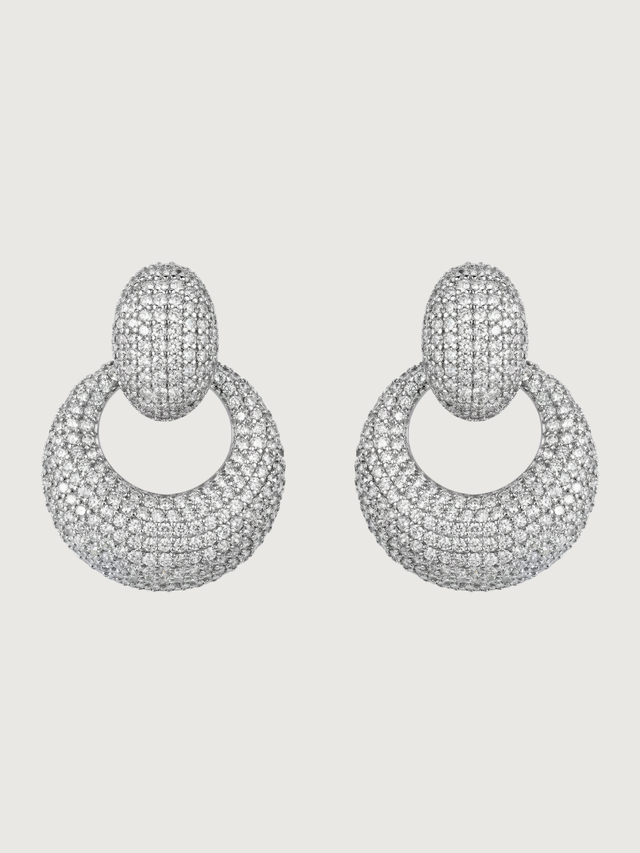Front View of Soraya Silver Double Drop Earrings in Plated Metal Jewelry for Pierced Ears Rhodium Copper 4 cm 24.3gms
