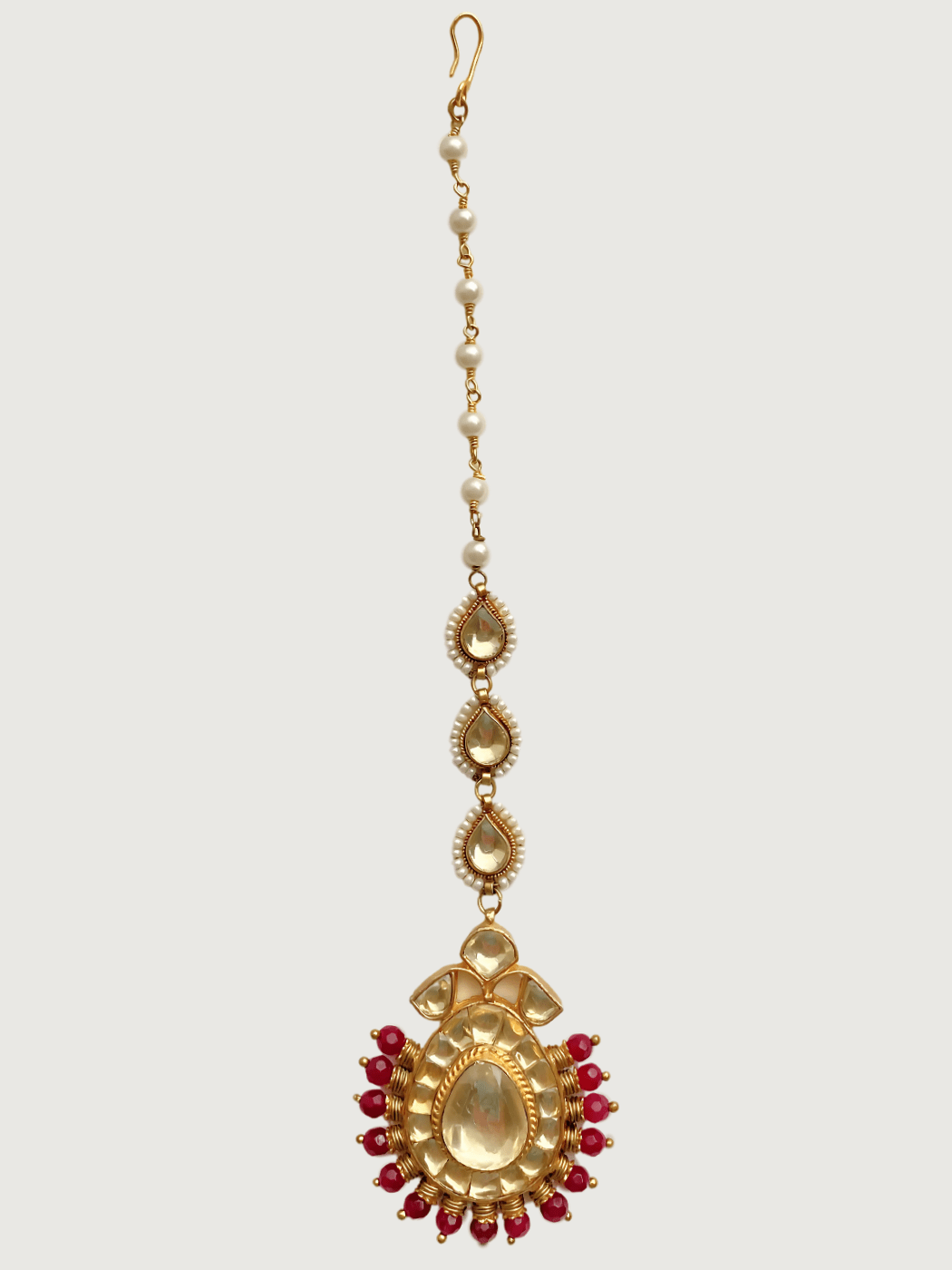 Heer Pearls and Pink Beaded Maang Tikka Fixed Length 18k Gold Plated 925 Sterling Silver Metal Stone One Size 19.8gms Brass