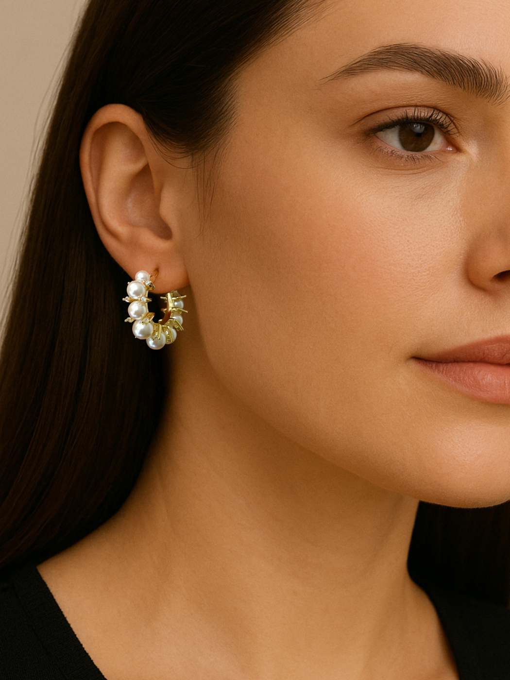 Model Wearing Lea Pearl Hoop earrings in 18k Gold Plated Metal Jewelry for Pierced Ears 18K Brass Stone 3 cm 9.5gms