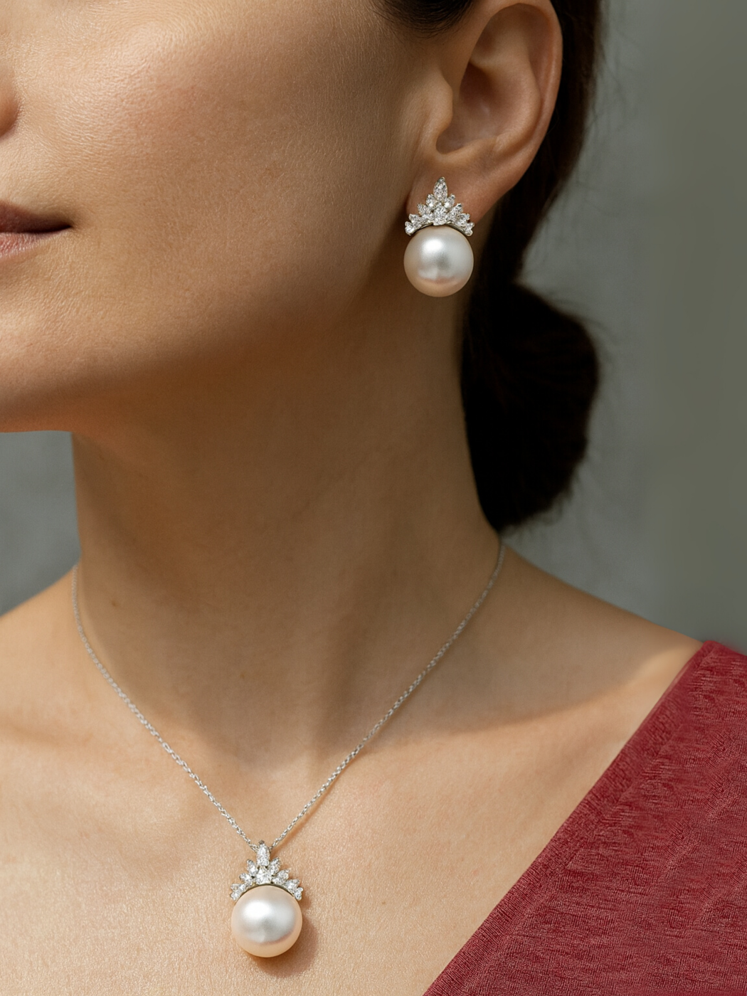 Model Wearing Eleanor Pearl Drop Earrings in Sterling Silver Jewelry for Pierced Ears 925 Metal Stone One Size 4.06gms