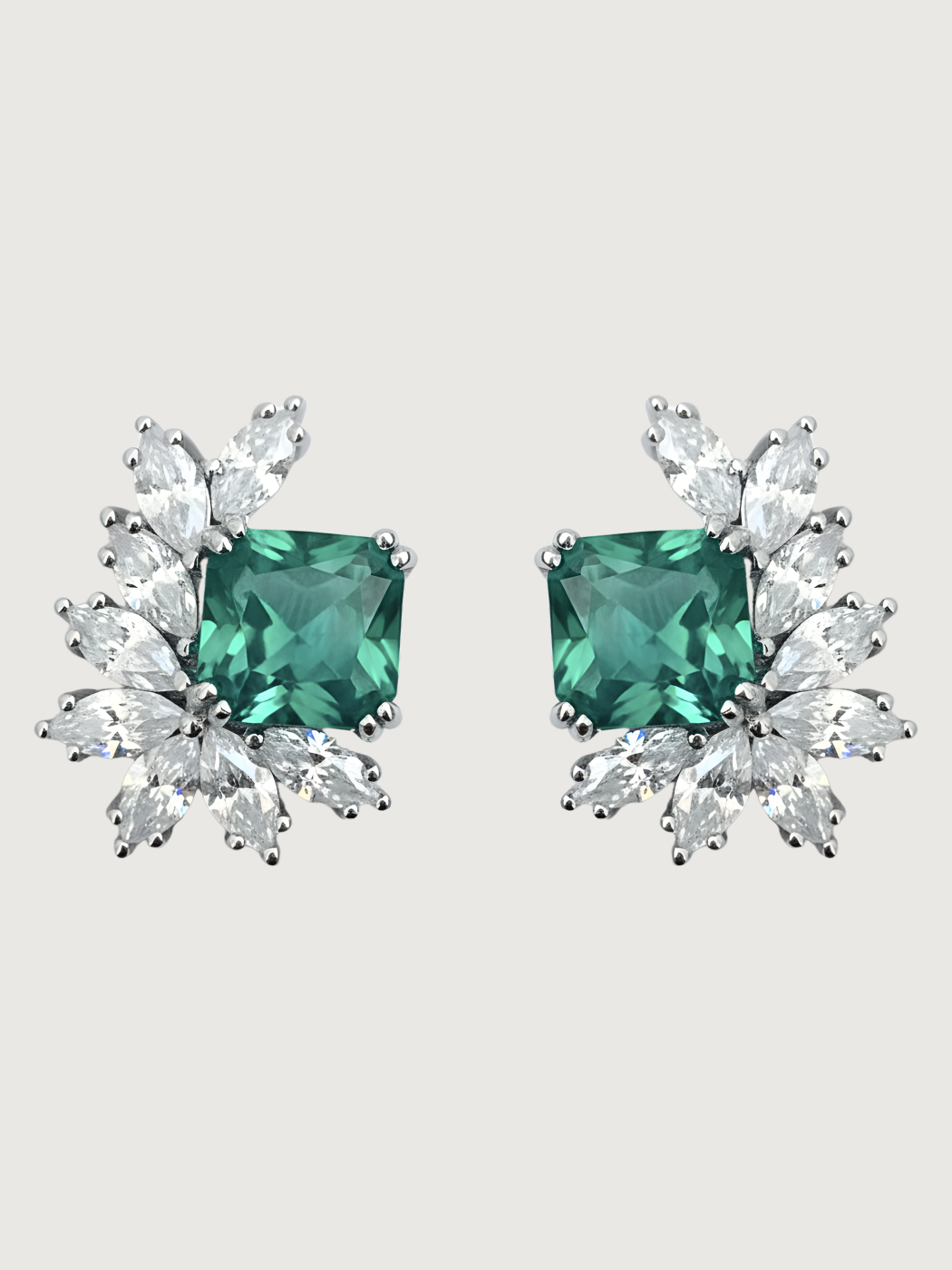 Front View of Celestia Stud Earrings in 925 Sterling Silver- Green Jewelry for Pierced Ears Silver Metal 1.5 cm 5.3gms