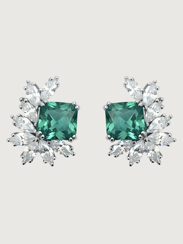 Front View of Celestia Stud Earrings in 925 Sterling Silver- Green Jewelry for Pierced Ears Silver Metal 1.5 cm 5.3gms