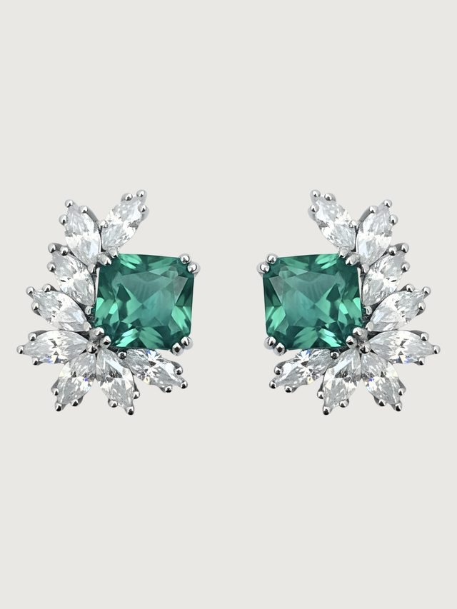 Front View of Celestia Stud Earrings in 925 Sterling Silver- Green Jewelry for Pierced Ears Silver Metal 1.5 cm 5.3gms