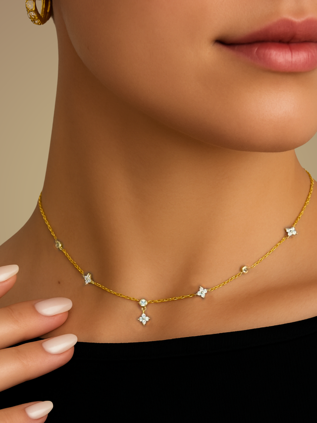 Model Wearing Irene Star Charm Necklace in 18K Gold Plated Sterling Silver Adjustable Length 18k 925 Metal 17 inches 2.3gms