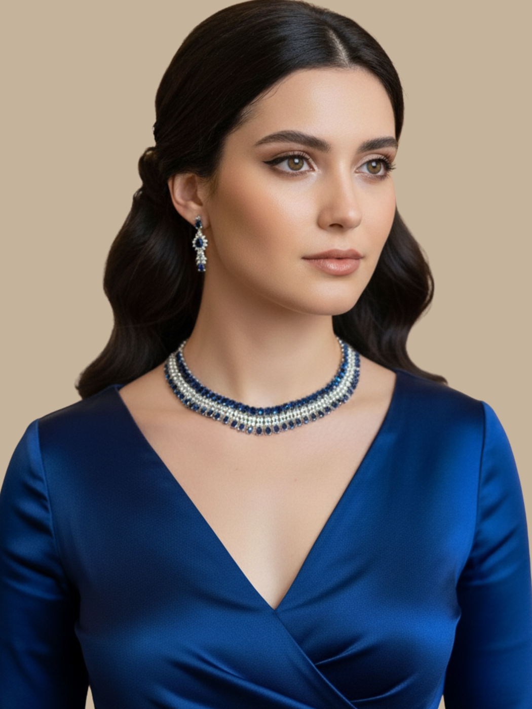 Model Wearing Nyra Necklace & Earrings Set in Silver Plated Metal Fixed Length Brass One Size 52.2gms