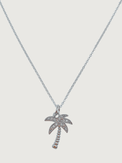 Front View of Palm Tree Pendant Necklace in 925 Sterling Silver Fixed Length Rhodium Plated Brass Chain Metal 17 inches 2.1gms