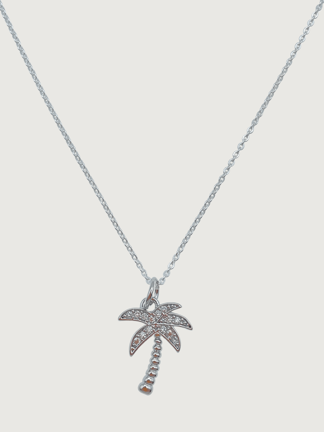 Front View of Palm Tree Pendant Necklace in 925 Sterling Silver Fixed Length Rhodium Plated Brass Chain Metal 17 inches 2.1gms