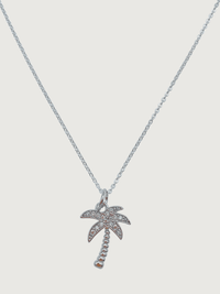 Front View of Palm Tree Pendant Necklace in 925 Sterling Silver Fixed Length Rhodium Plated Brass Chain Metal 17 inches 2.1gms
