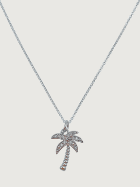 Front View of Palm Tree Pendant Necklace in 925 Sterling Silver Fixed Length Rhodium Plated Brass Chain Metal 17 inches 2.1gms