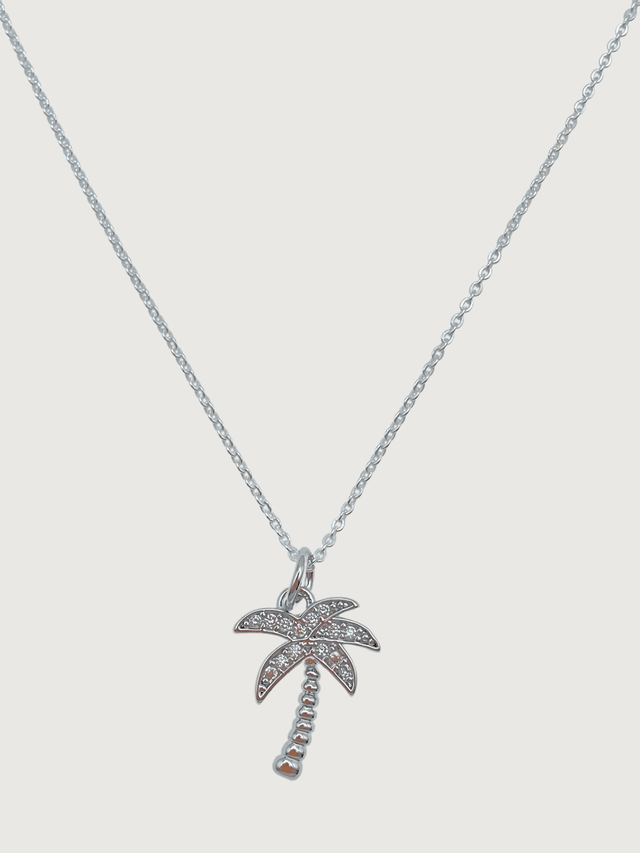 Front View of Palm Tree Pendant Necklace in 925 Sterling Silver Fixed Length Rhodium Plated Brass Chain Metal 17 inches 2.1gms