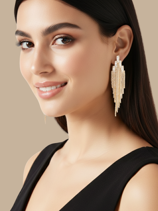 Model Wearing Elise Waterfall Earrings in Gold Plated Metal-Yellow Jewelry for Pierced Ears Brass One Size 14.8gms Sterling Silver