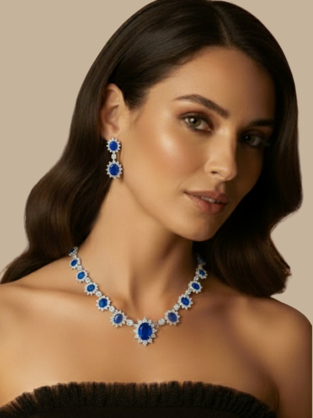 Model Wearing Azeneth Necklace and Earrings Set in Rhodium Plated Metal Comfort Fit Copper 16 inches 63.9gms