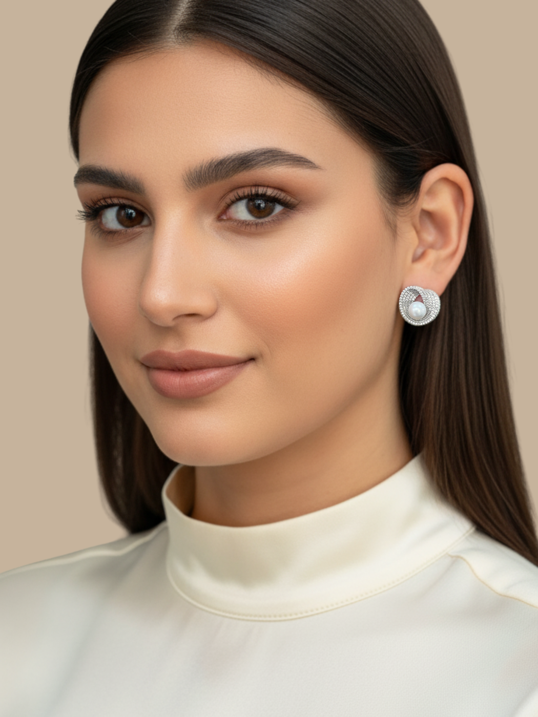 Model Wearing Lusterloop Stud Earrings in Rhodium Plated Metal Jewelry for Pierced Ears Brass Post / Pin & Push 925 Sterling Silver Stamp Marked 2 cm 6.4gms