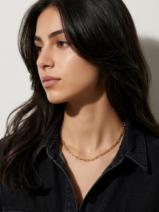Alternate View of Model Wearing Celine Paperclip Necklace Adjustable Length 18k Gold Plated Steel | Hypoallergenic Tarnish Resistant Sweat Water Eco - Friendly One Size 6.1gms Stainless