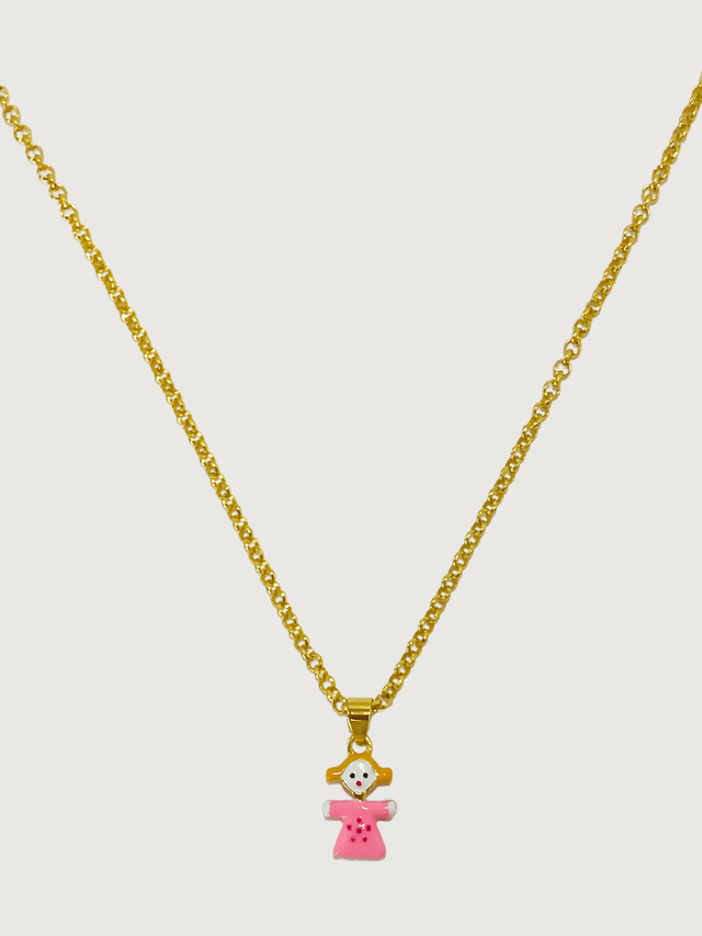 Front View of Little Princess Dolly Pendant Necklace in 18K Gold Plated Sterling Silver Adjustable Length 18k 925 Metal 14 cm 4.1gms