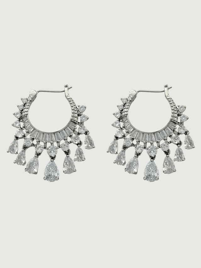 Front View of Samra Sparkle Earrings in Rhodium Plated Metal Jewelry for Pierced Ears Stone Brass 925 Sterling Silver One Size 10.1gms Copper