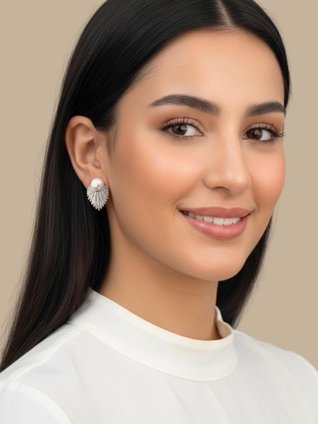 Model Wearing Evelyn Pearl Stud Earrings in Rhodium Plated Metal Jewelry for Pierced Ears Post / Pin & Push 925 Sterling Silver Stamp Marked Brass 2.5 cm 7.4gms