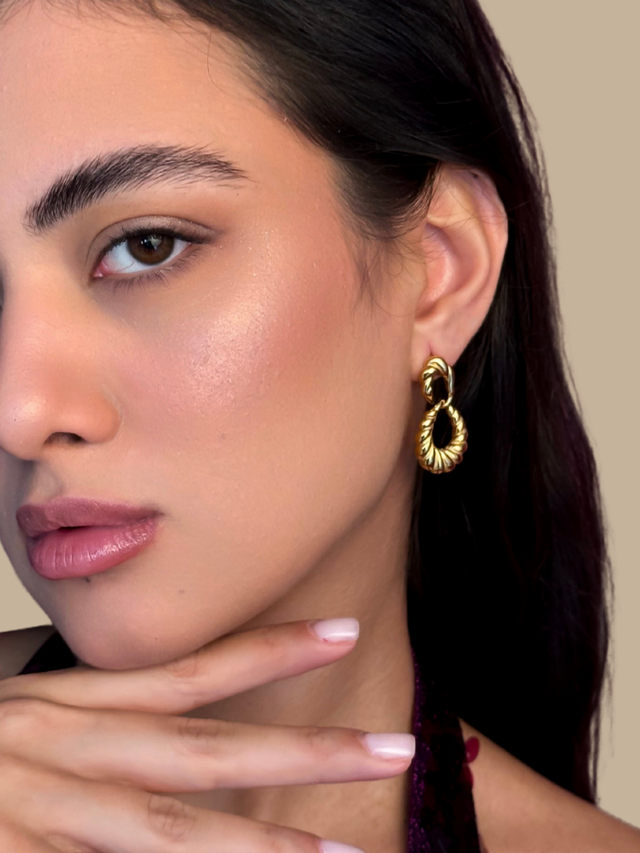 Model Wearing Lorraine Croissant Dangle Earrings Jewelry for Pierced Ears 18k Gold Plated Steel | Hypoallergenic Tarnish Resistant Sweat Water Eco - Friendly One Size 14.9gms Stainless
