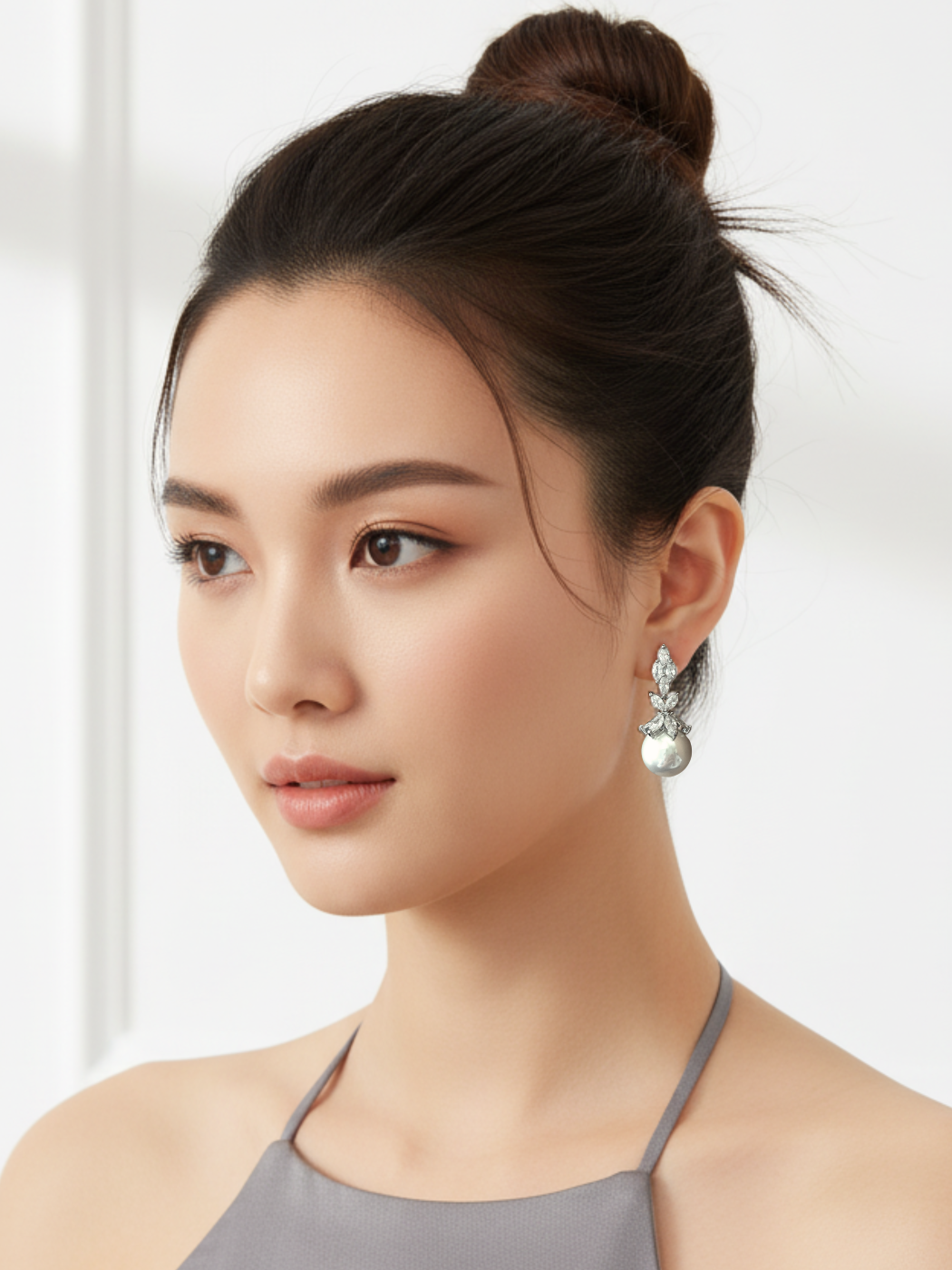 Alternate View of Model Wearing Rania Pearl Dangle Earrings Jewelry for Pierced Ears Post / Pin & Push in 925 Sterling Silver Stamp Marked Plated Brass Metal 4 cm 11gms