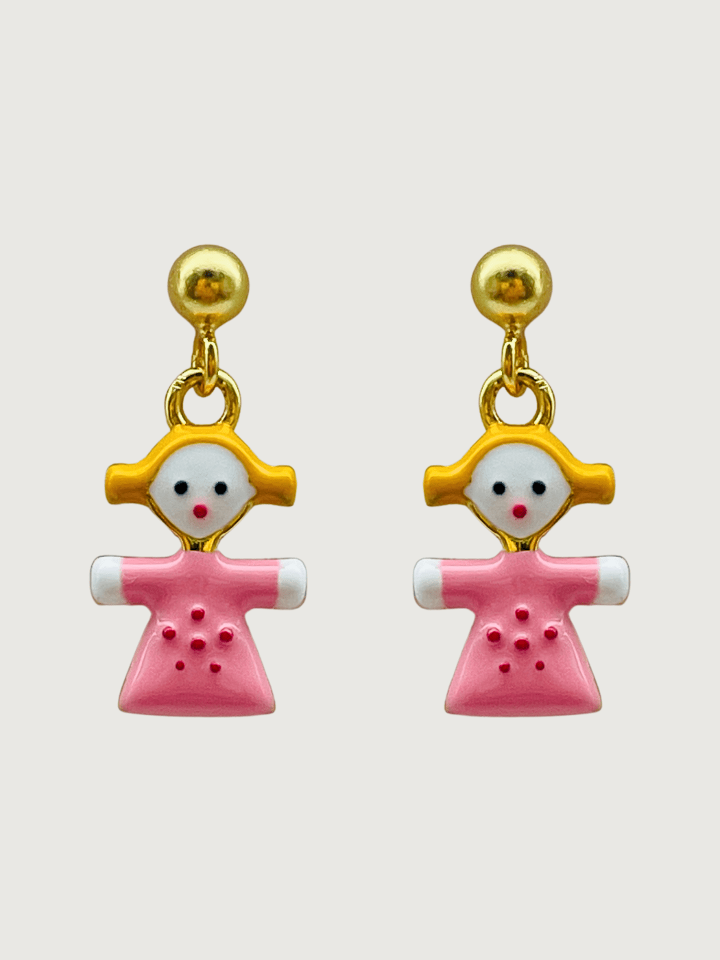 Front View of Little Princess Dolly Dangle Earrings in 18K Gold Plated Sterling Silver Jewelry for Pierced Ears 18k 925 Metal 10 cm 2.2gms