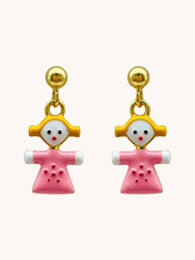 Front View of Little Princess Dolly Dangle Earrings in 18K Gold Plated Sterling Silver Jewelry for Pierced Ears 18k 925 Metal 10 cm 2.2gms