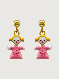 Front View of Little Princess Dolly Dangle Earrings in 18K Gold Plated Sterling Silver Jewelry for Pierced Ears 18k 925 Metal 10 cm 2.2gms