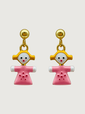 Front View of Little Princess Dolly Dangle Earrings in 18K Gold Plated Sterling Silver Jewelry for Pierced Ears 18k 925 Metal 10 cm 2.2gms