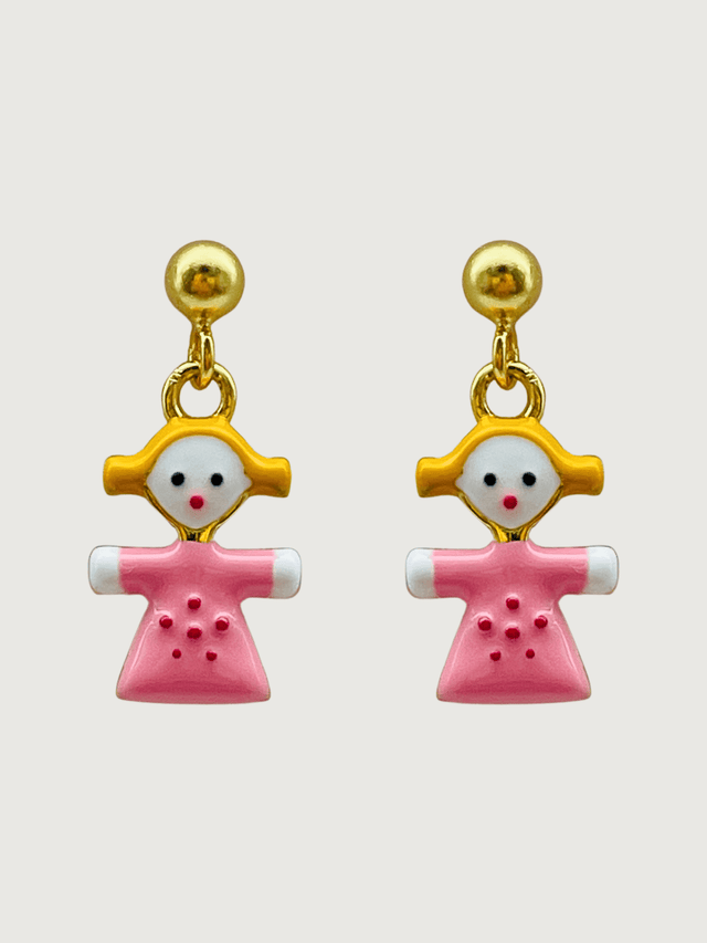 Front View of Little Princess Dolly Dangle Earrings in 18K Gold Plated Sterling Silver Jewelry for Pierced Ears 18k 925 Metal 10 cm 2.2gms