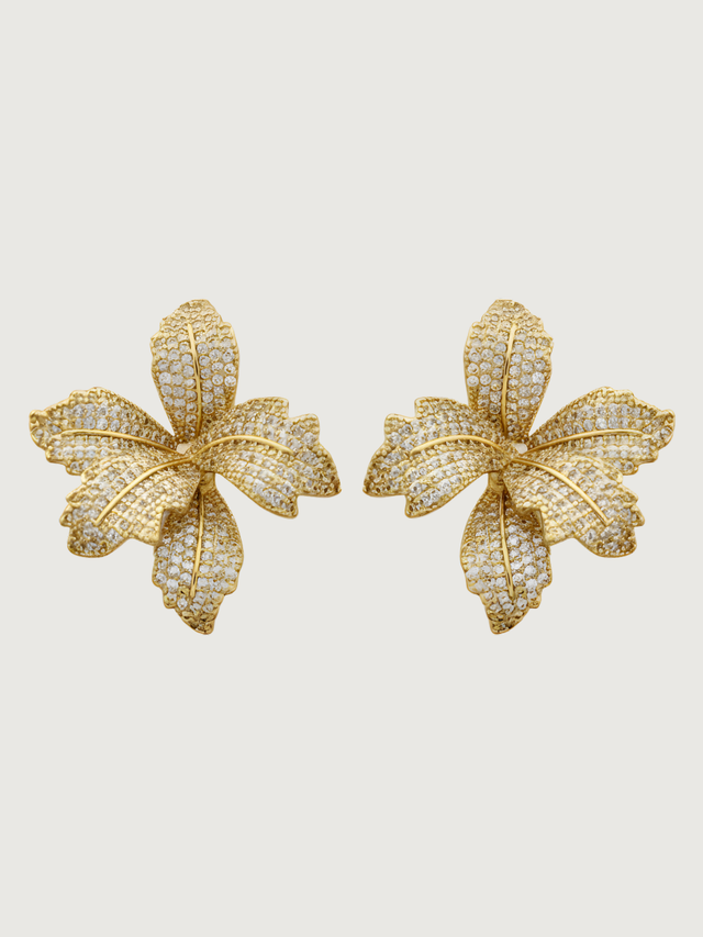Front View of Orchid Bloom Stud Earrings 18k gold Plated Jewelry for Pierced Ears Gold 925 Sterling Silver One Size 9.5gms