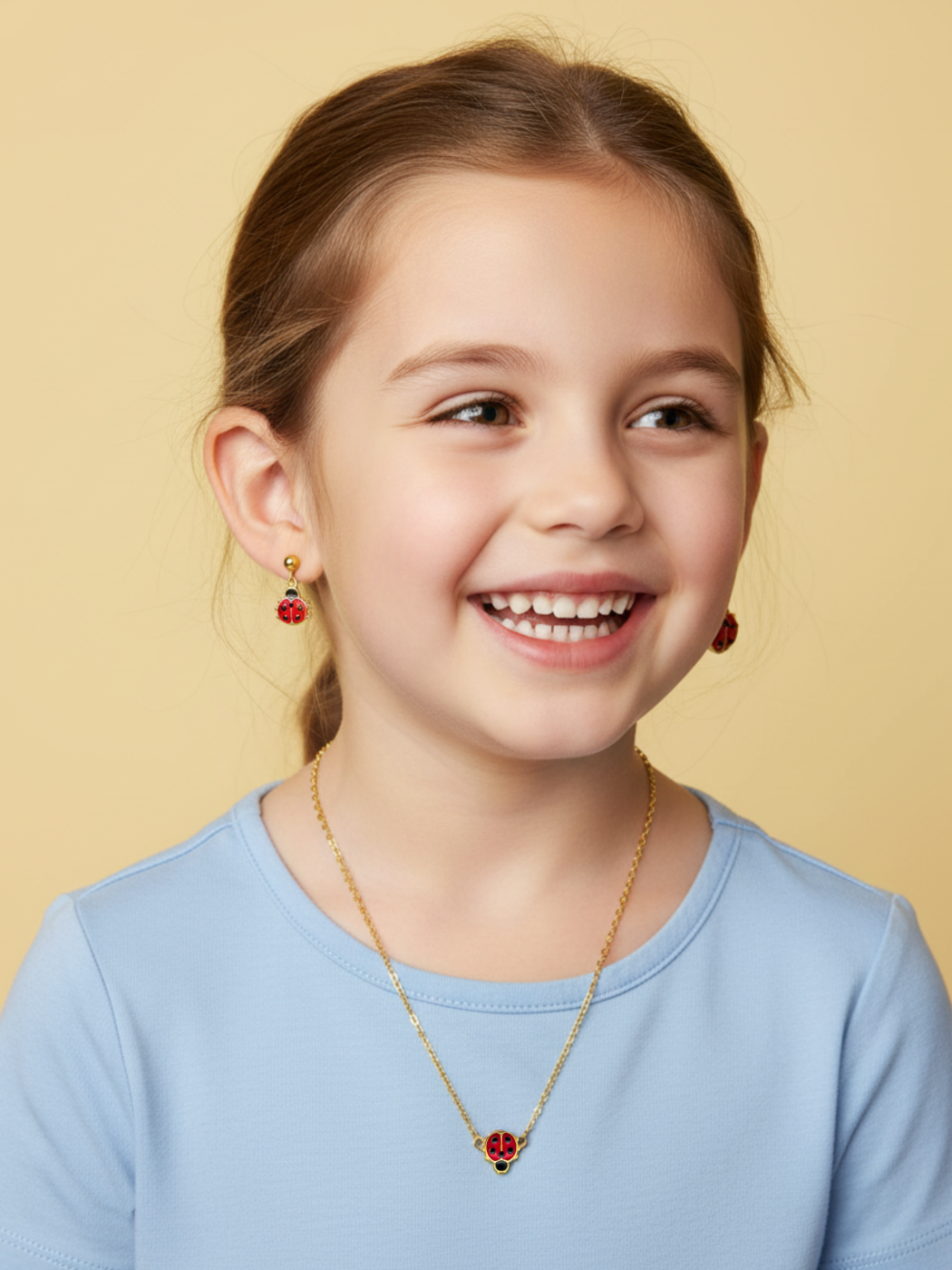 Alternate View of Model Wearing Little Princess Lady Bug Earrings Jewelry for Pierced Ears 18k Gold Plated 925 Sterling Silver 14.74 mm 1.7gms