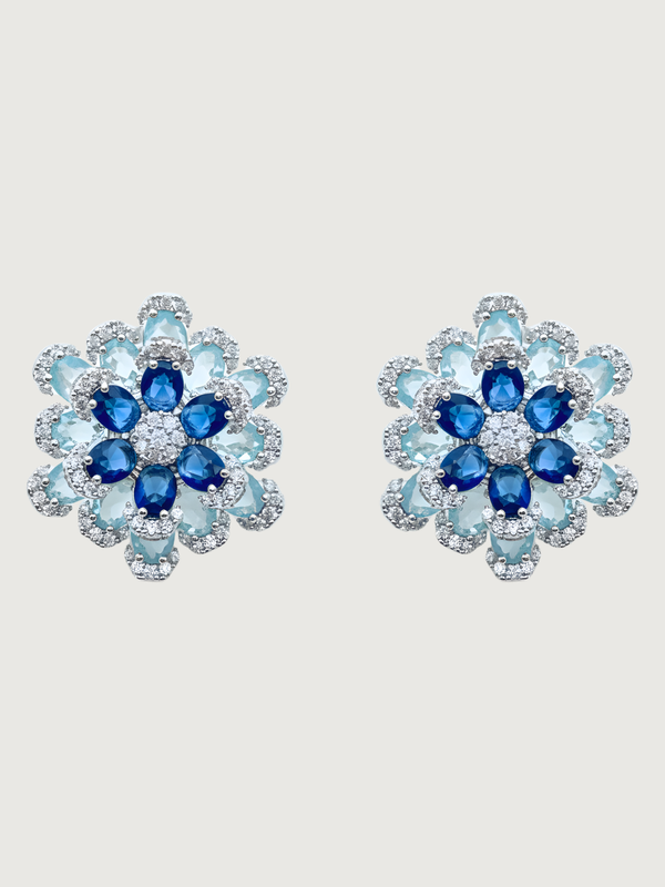 Front View of Peony Stud Earrings in Rhodium Plated Metal-Blue Jewelry for Pierced Ears 925 Sterling Silver 2.5 cm 11.8gms