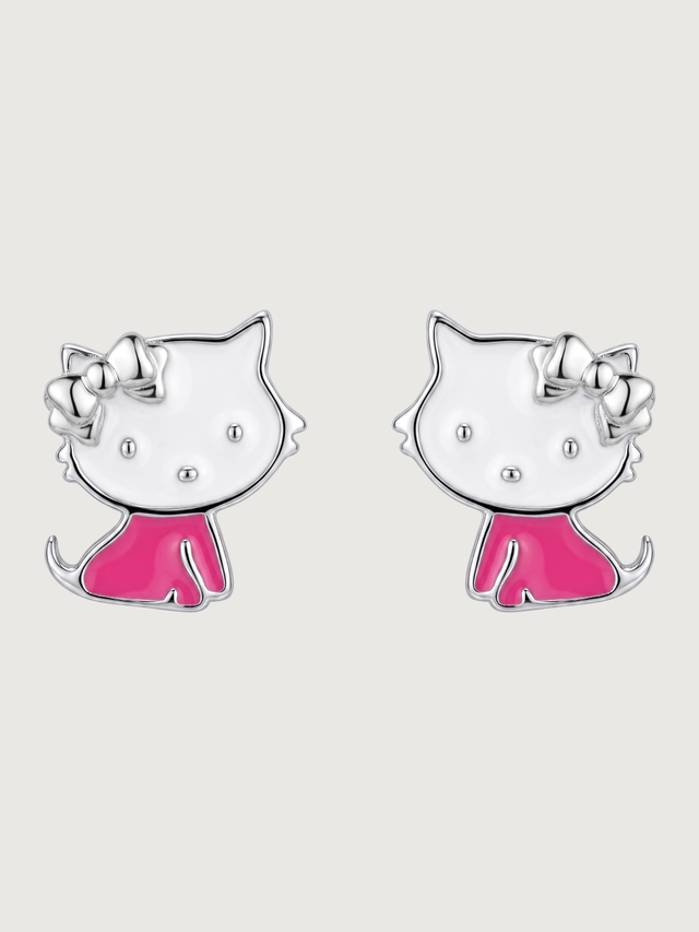 Front View of Cleo Kitty Enamel Stud Earrings Jewelry for Pierced Ears 925 Sterling Silver 9.82 mm 1.6gms