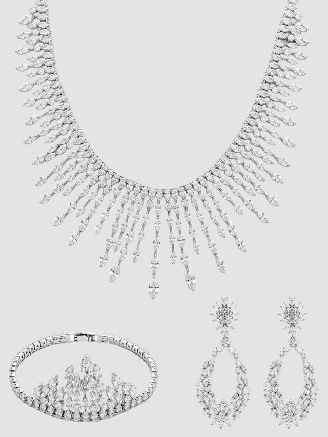 Front View of Kaia Necklace Set With Earrings And Bracelet in Rhodium Plated Metal Comfort Fit Copper One Size 67.7gms Mix