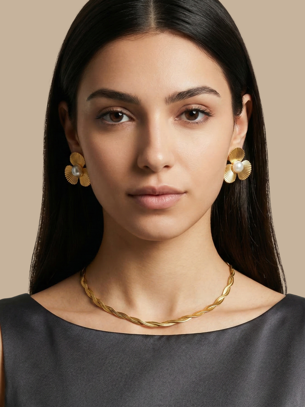 Alternate View of Model Wearing Louise Pearl Stud Earrings Jewelry for Pierced Ears 18k Gold Plated Steel | Hypoallergenic Tarnish Resistant Sweat Water Eco - Friendly One Size 14gms Stainless