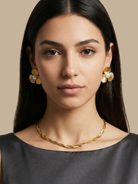 Alternate View of Model Wearing Louise Pearl Stud Earrings Jewelry for Pierced Ears 18k Gold Plated Steel | Hypoallergenic Tarnish Resistant Sweat Water Eco - Friendly One Size 14gms Stainless