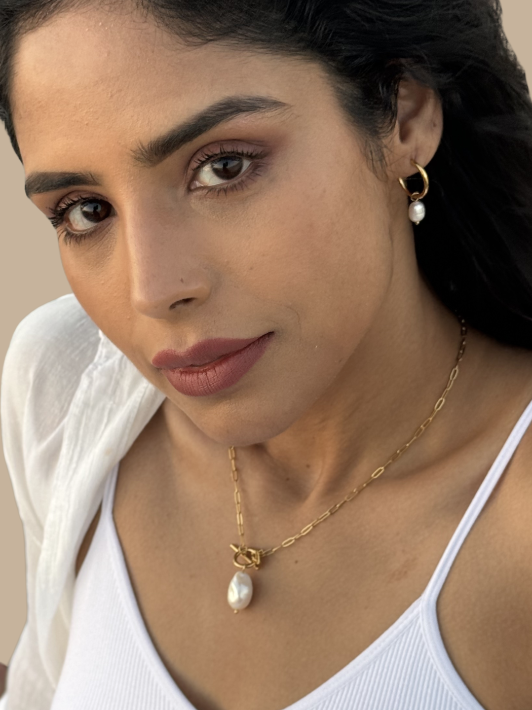 Alternate View of Model Wearing Jenna Pearl Hoop Earrings Jewelry for Pierced Ears 18k Gold Plated Steel | Hypoallergenic Tarnish Resistant Sweat Water Eco - Friendly One Size 3.2gms