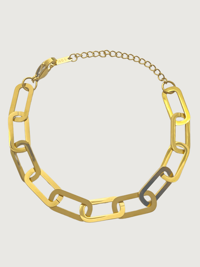 Front View of Clarisse Chunky Paperclip Bracelet in 18k Gold-Plated Metal Adjustable Length Gold Plated Steel | Hypoallergenic Tarnish Resistant Sweat Water Eco - Friendly 7 inches 8.3gms